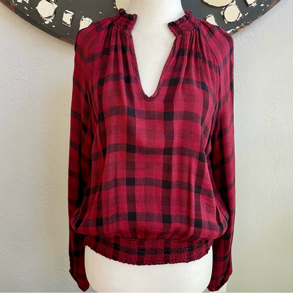 Anthropologie Cloth & Stone Plaid Red Black Top - Picture 2 of 8